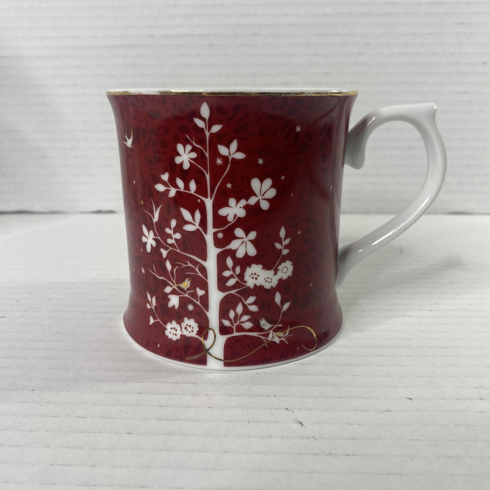 Starbucks Rosanna Red Holiday Mug White Birds Floral Tree Gold Rim Cup Wish